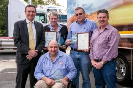 (L to R) NatRoad president Geoff Crouch, Professional Driver of the Year Phillip Southwell, Excellence in Operational Support winner Troy Cook, Ken Stehbens of Lindsay Transport and Owen Driscoll of NTI.