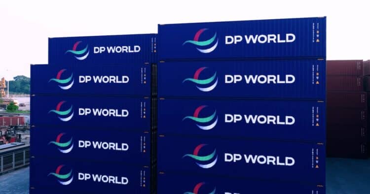 DP World branded TEUs in port.