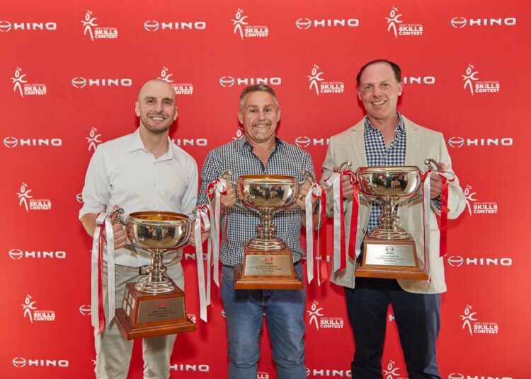 2025 Hino Skills Champions (L-R)  Service: Admir Music (Prestige Hino), Parts: Graham Reynolds (Wagga Trucks) and Sales: John Delahay (Sci-Fleet Hino Brisbane). Image: Hino Australia.