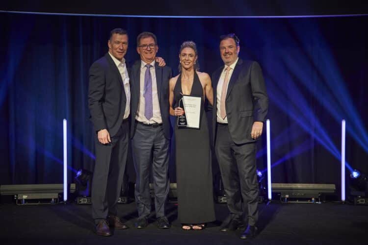 L-R: Head of Daimler Truck Overseas, Andreas von Wallfeld, Velocity Vehicle Group Australia Senior Vice President Fleet Sales and Customer Experience, Simon Ramsay, Daimler Trucks Perth branch manager, Carly Munnelly and Daimler Truck Australia Pacific President and CEO, Daniel Whitehead. Image: Daimler Australia.