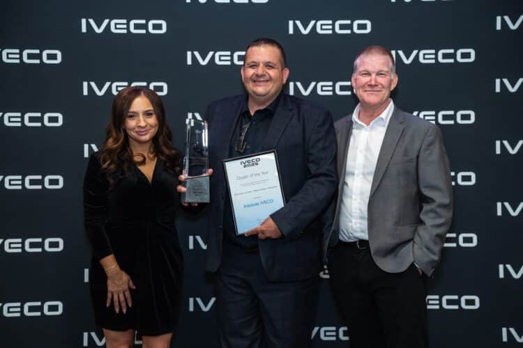 L to R IVECO Trucks Australia Head of Sales and Marketing, Blaire Race; Adelaide IVECO Dealer Principal, Tony Emanuele, collecting awards for 'Metropolitan Dealer of the Year - Medium and Heavy' and 'Dealer of the Year - Customer Excellence'; IVECO Trucks Australia Managing Director, Glen Dyer. Image: IVECO Trucks Australia.