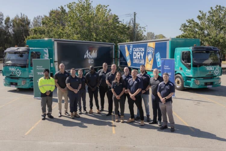 Representatives from Toll and Asahi Beverages celebrate the launch of five Volvo FE electric trucks and new charging infrastructure in Perth. Image: Toll Group.