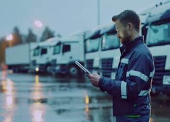 Logistics manager uses digital tablet to coordinate operations in front of fleet transport trucks