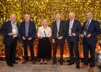 Leigh Smart, representing 2026 National Trucking Industry Workforce Award winner Formula Chemicals; 2026 National Professional Driver of the Year John Parry; 2026 National Trucking Industry Woman of the Year Jodie Jarrett; 2026 Don Watson Memorial Award winner David Simon; 2026 Outstanding Contribution to the Australian Trucking Industry winner Michael Edmonds; Simon Skazlic, representing 2026 TruckSafe John Kelly Memorial Award winner K&S Freighters. Image: ATA.