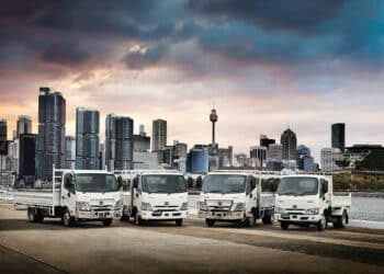 Hino Australia's range of Series 300 light duty range on display. Image: Hino Australia.
