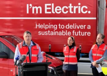 Australia Post Executive General Manager Network Operations, Shane Plant, Australia Post Chief Sustainability Officer, Richard Pittard, and Minister for Communications and Minister for Sport, Anika Wells. Image: Prime Creative Media.