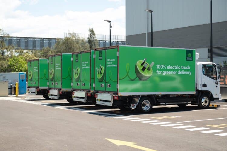A fleet of battery electric trucks ready for deployment by Woolworths. Image: Zenobē Australia.
